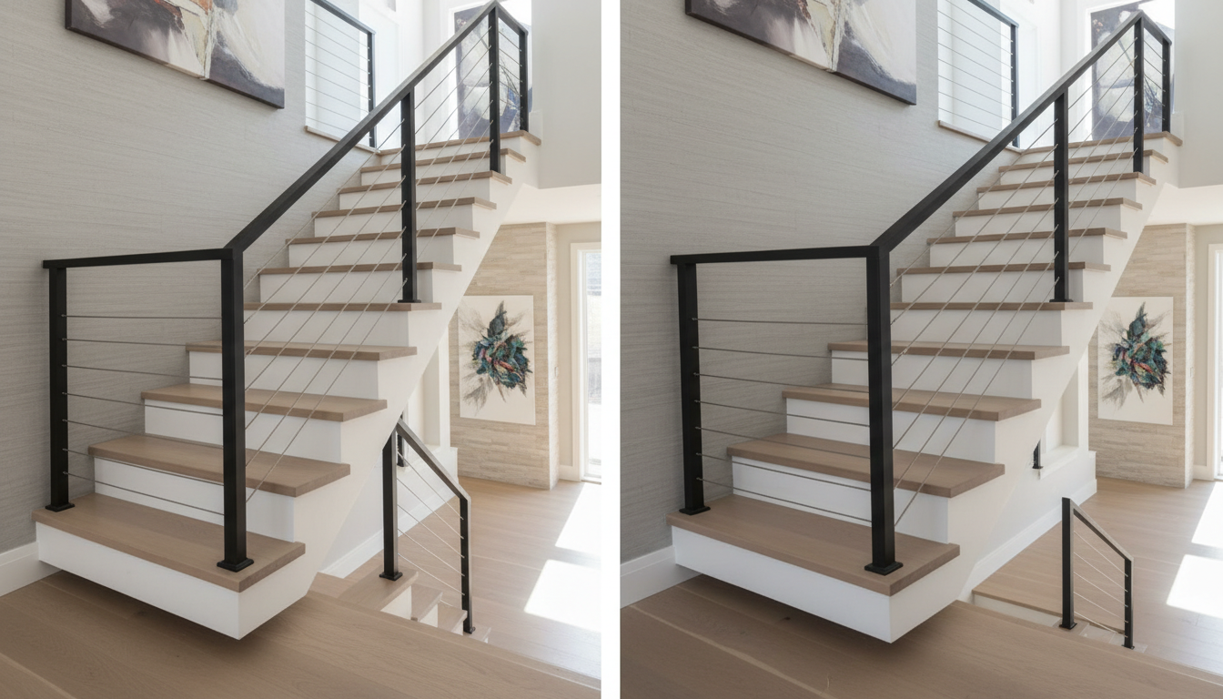 Cable railing vs steel baluster railing on floating staircase Ontario comparison
