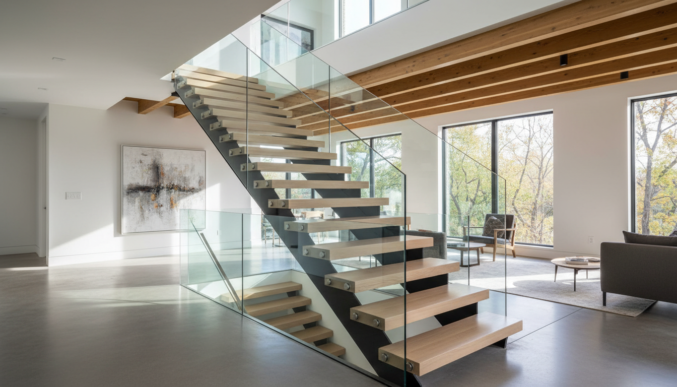 Custom staircase company Barrie Ontario — floating staircase with white oak treads and glass railing by C.O.R.S