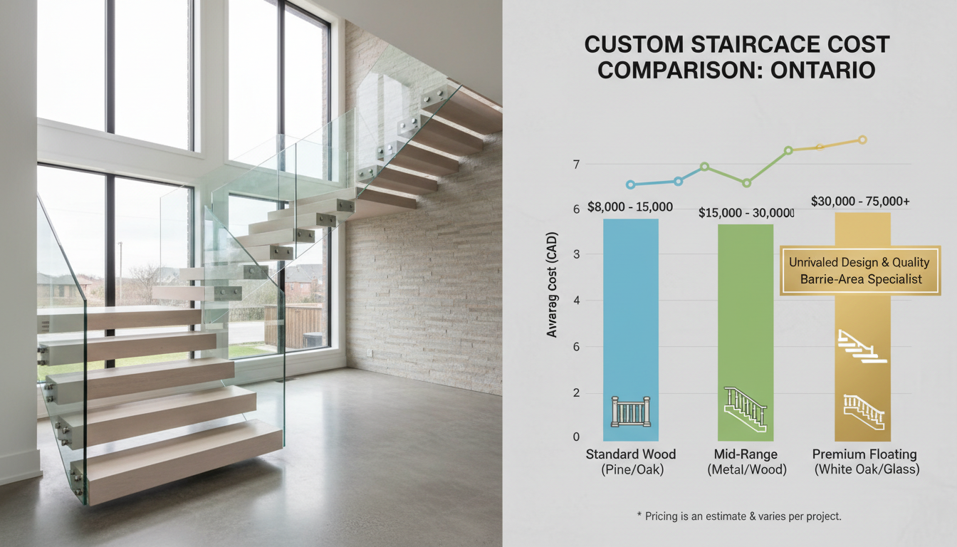 Custom floating staircase with white oak treads and glass railing — representative of 2026 pricing in Barrie Ontario