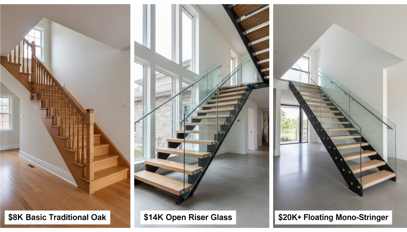Custom staircase cost comparison Ontario — traditional closed-riser vs open riser vs floating mono-stringer