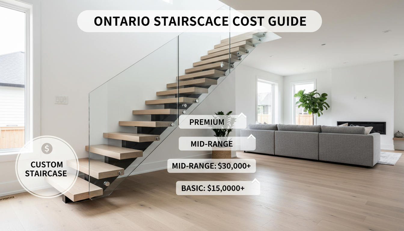 Custom staircase cost Ontario 2026 — floating mono-stringer with white oak treads and glass railing, price guide