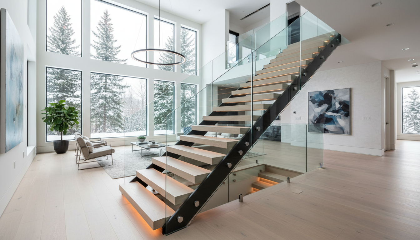 Modern custom staircase with white oak treads, black mono-stringer and glass railing in Ontario home