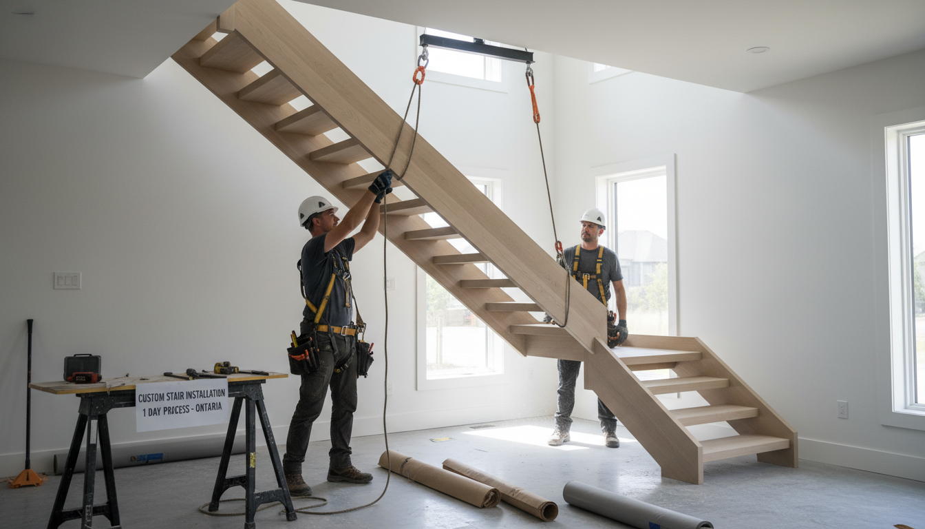 Custom staircase installation day Ontario — craftsmen installing floating mono-stringer staircase