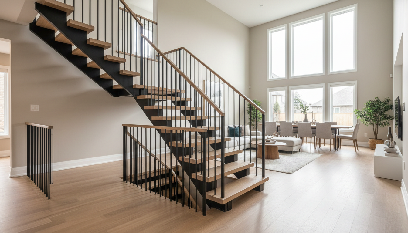 Custom staircase in Ontario home — open riser steel handrail white oak treads Simcoe County installation