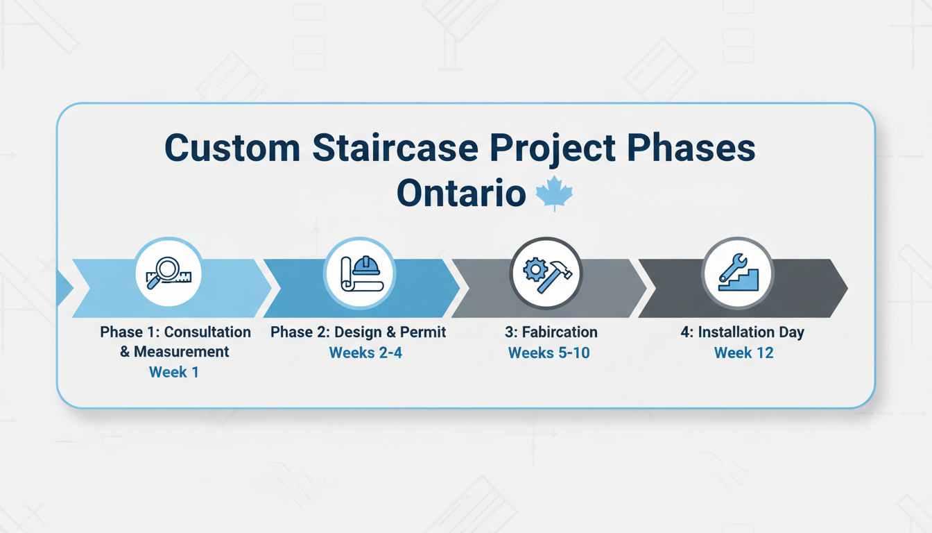 Custom staircase project timeline Ontario — 4 phases from consultation to installation