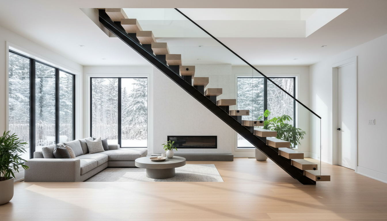 Custom mono-stringer floating staircase with white oak treads in Ontario home