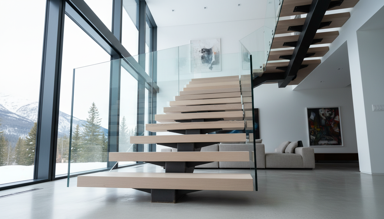 Floating mono-stringer staircase Ontario — P.Eng engineered steel spine cantilevered white oak treads glass railing