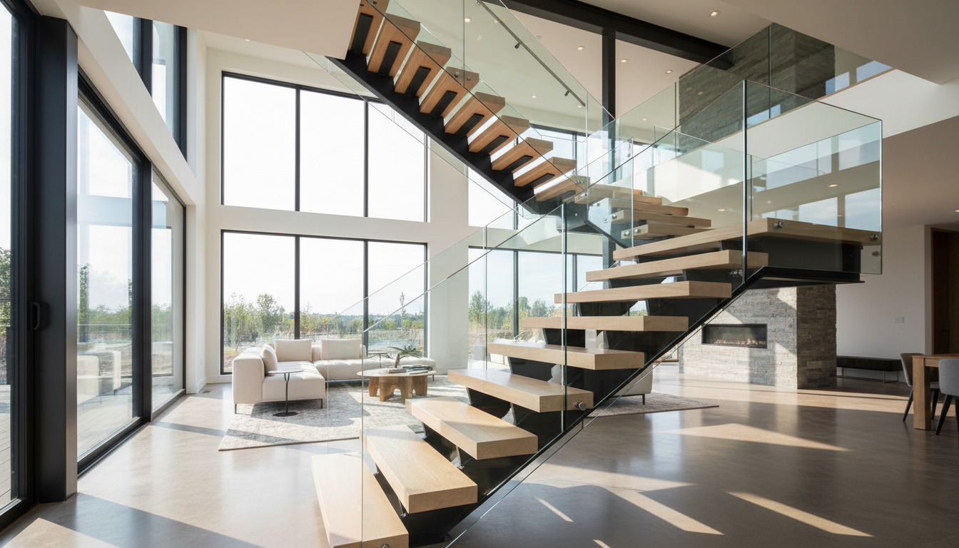 Custom staircase company Barrie Ontario — floating mono-stringer staircase with white oak treads by C.O.R.S