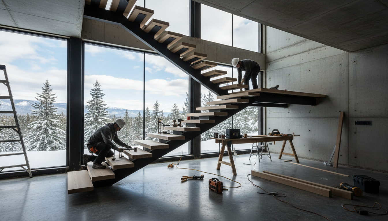 Floating mono-stringer staircase construction Ontario — P.Eng engineered steel spine white oak treads installation