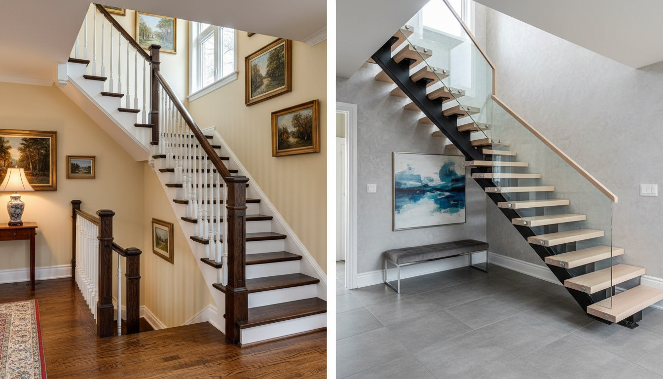 Floating mono-stringer staircase vs traditional closed-riser staircase comparison in Ontario home