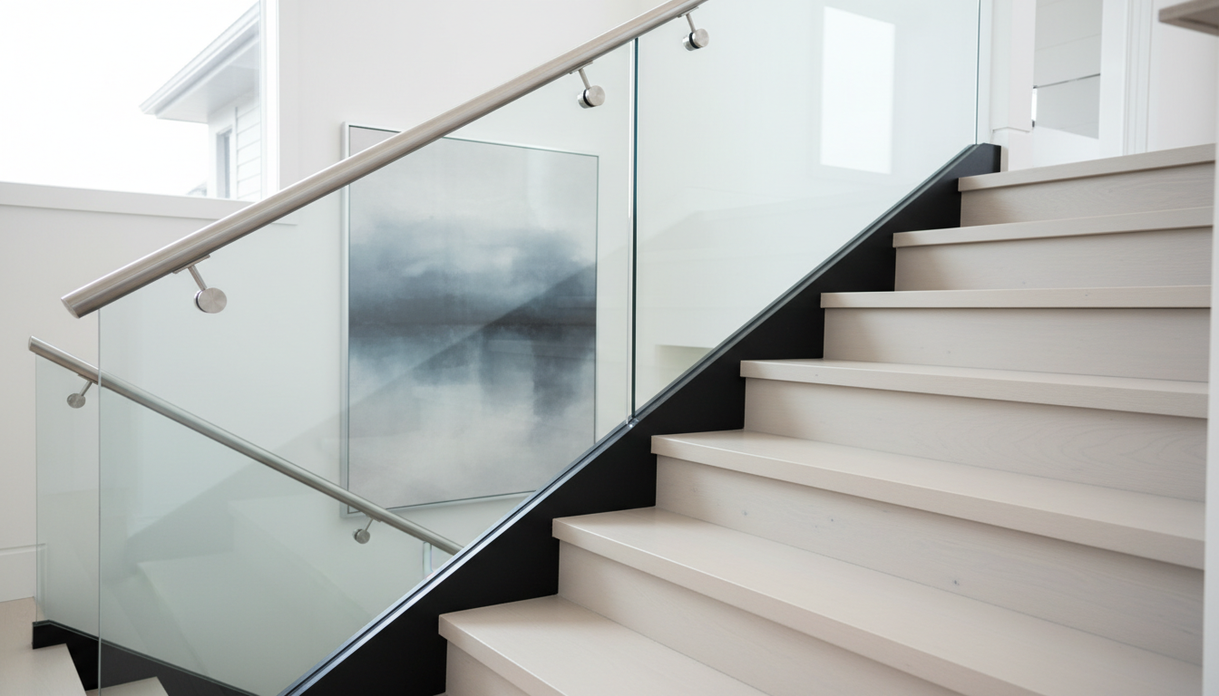 Glass railing staircase Ontario — frameless tempered glass panels
