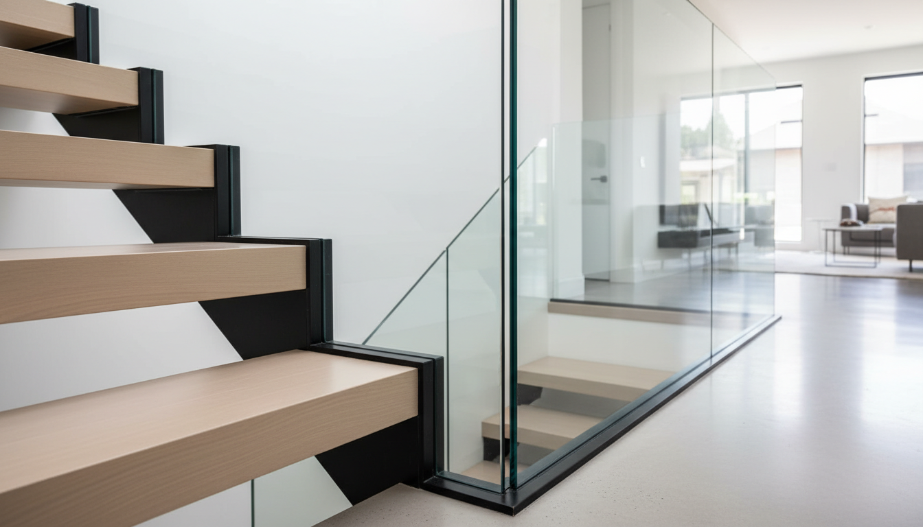 Frameless glass railing on floating staircase in Ontario home — tempered glass panels in black aluminum channel hardware