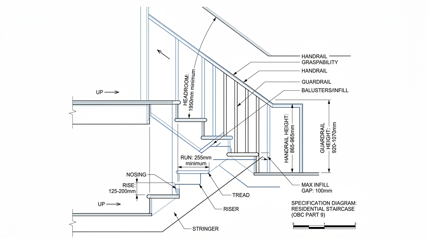 Ontario Building Code staircase requirements diagram — rise 125-200mm, run 255mm, handrail 865-965mm, guardrail 920-1070mm, OBC Part 9