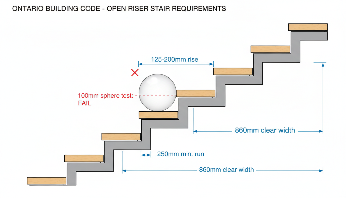 Ontario Building Code open riser staircase 100mm sphere test diagram
