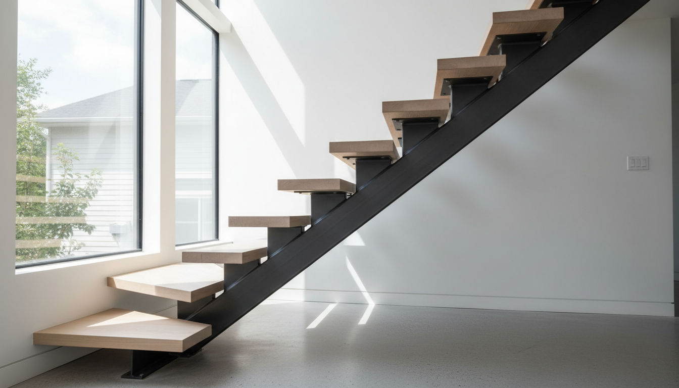 Open riser staircase Ontario — steel double stringer white oak treads OBC compliant gap