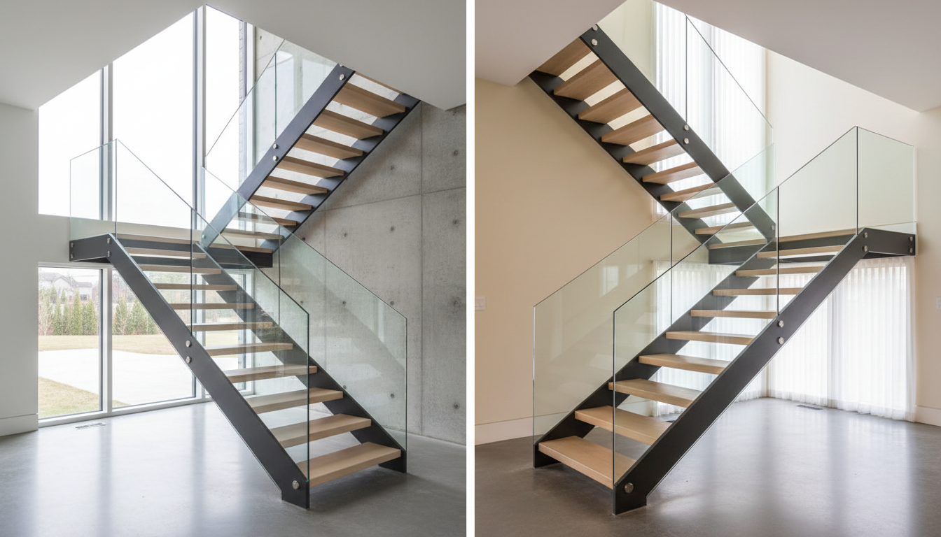 Open riser staircase comparison Barrie Ontario — mono-stringer vs double-stringer side by side