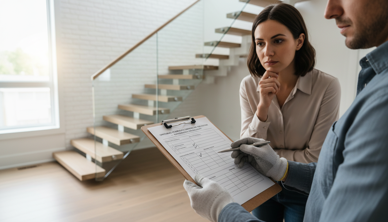 Choosing a staircase contractor Ontario — homeowner reviewing checklist with professional