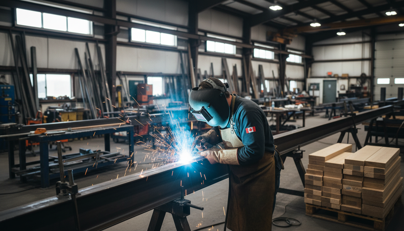 Custom staircase fabrication — welding a mono-stringer steel beam in an Ontario workshop