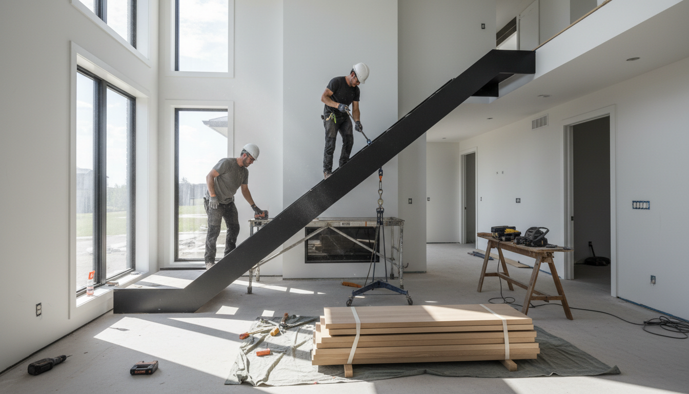 Professional staircase installation in an Ontario home — mono-stringer steel staircase being installed by C.O.R.S crew