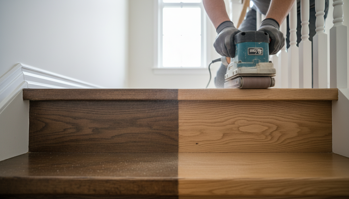 Staircase tread refinishing Ontario — sanding worn hardwood treads to reveal fresh grain