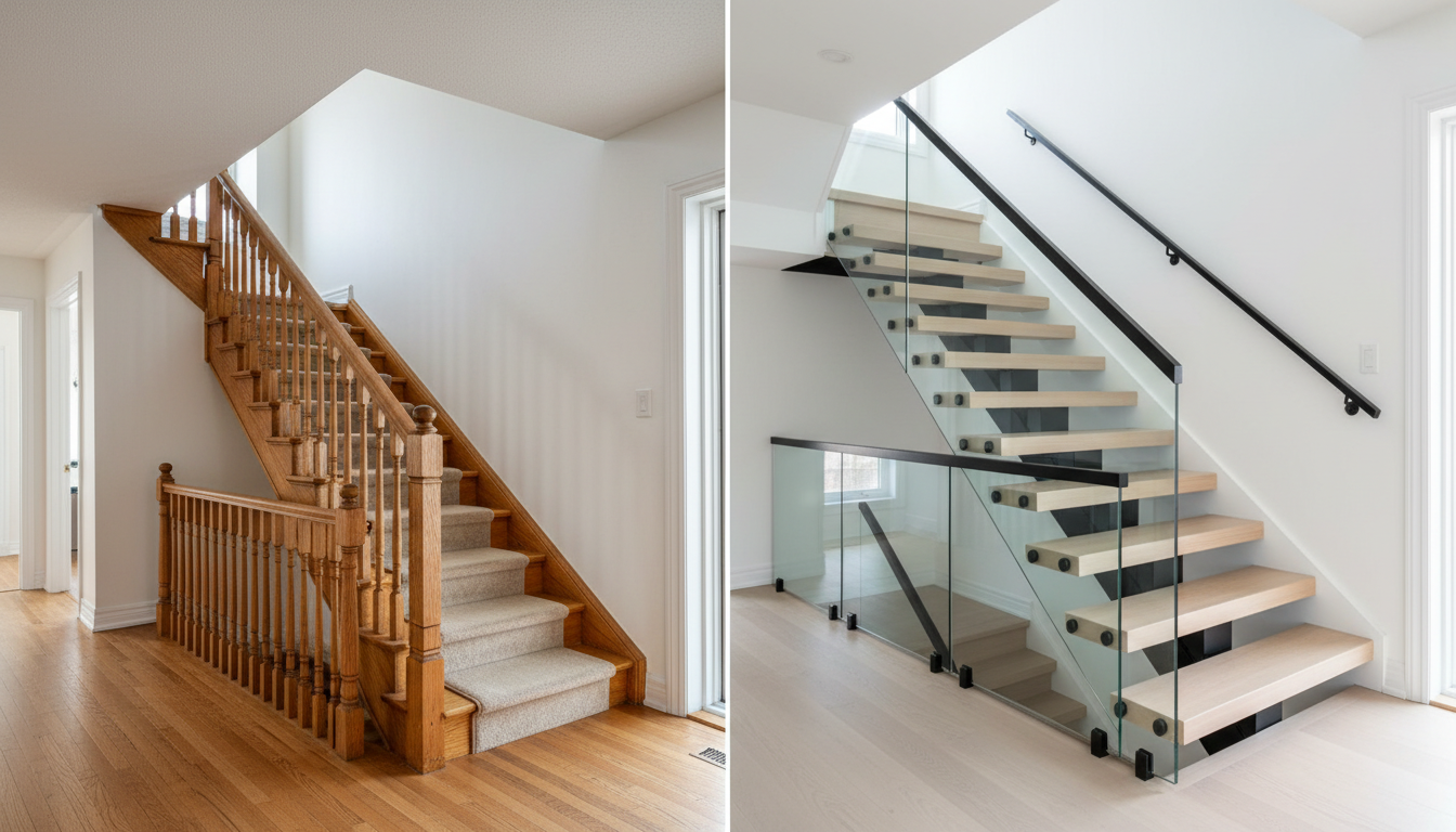Staircase renovation in Barrie Ontario — traditional staircase replaced with floating mono-stringer and glass railing by C.O.R.S