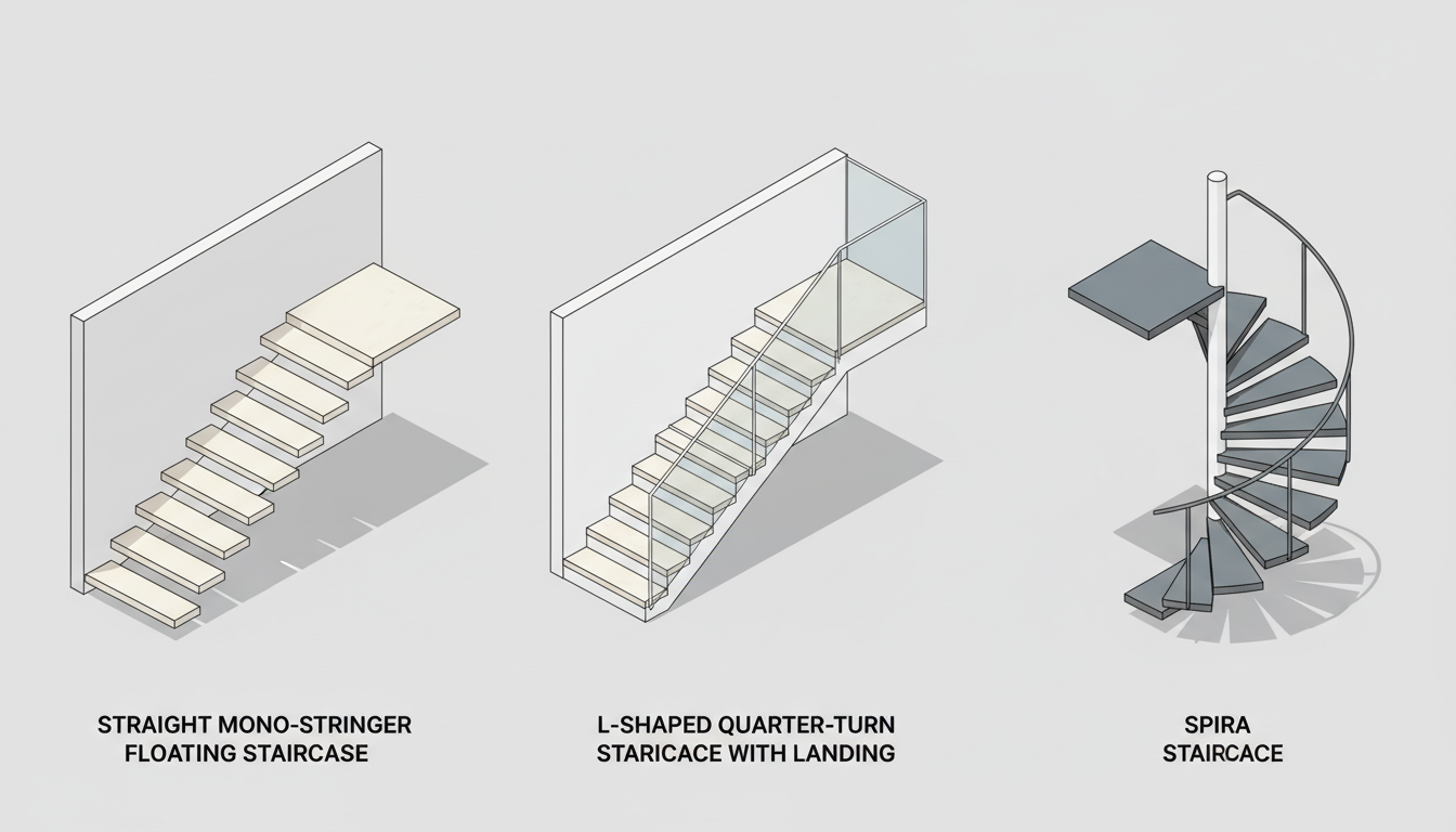 Types of staircases — straight, L-shaped, and spiral staircase configurations for Ontario homes