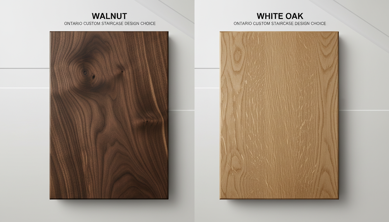 Walnut vs white oak stair treads comparison — dark walnut grain vs lighter white oak ray fleck pattern