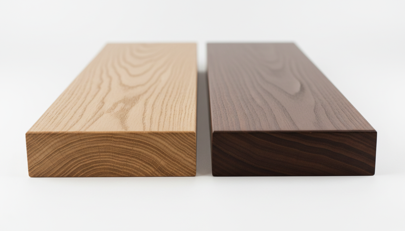 Walnut vs white oak staircase treads Ontario — side by side comparison of premium hardwood tread samples