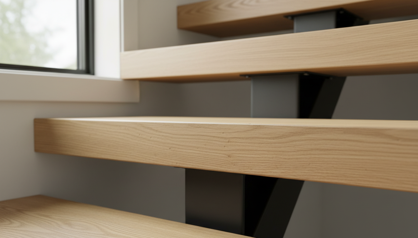 White oak stair treads on mono-stringer staircase — natural grain, satin finish, Ontario custom staircase